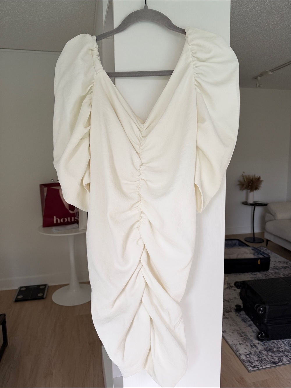 Ronny Kobo Collection Cream Ruched Puff-Sleeve Mini Dress